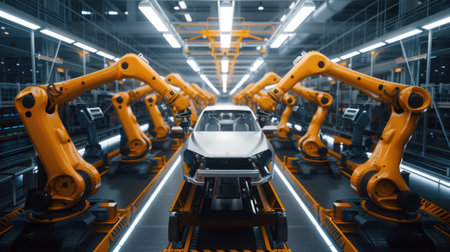 Industrial robots assembling a car in an automated factoryの素材