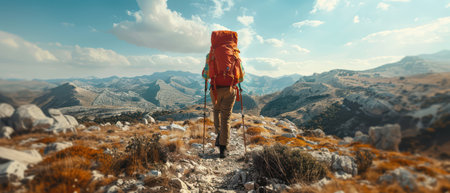 Female hiker with backpack in autumn wildernessの素材