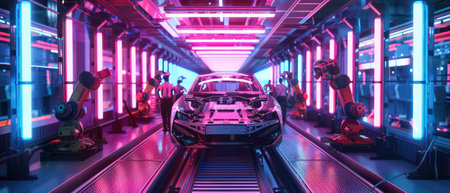 Industrial robots assembling a car in an automated factoryの素材