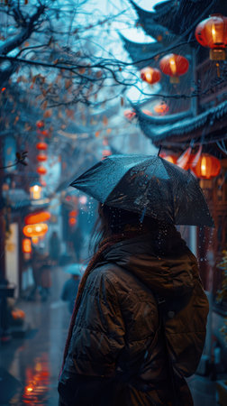 Rainy night on a city street with glowing lightsの素材