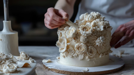Pastry chef decorating multi-tiered floral cakeの素材