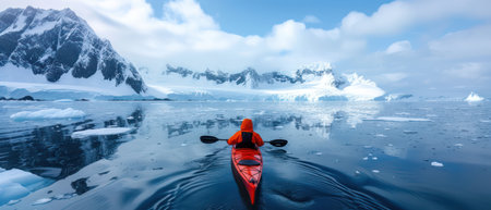 Solo kayaker paddling among icebergs in glacial waters. Arctic adventureの素材
