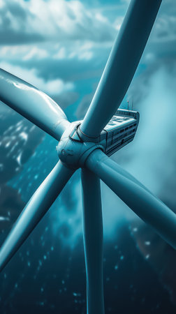 Renewable energy concept: majestic wind turbine towering above the cloudsの素材