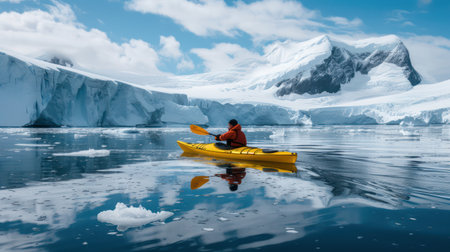 Solo kayaker paddling among icebergs in glacial waters. Arctic adventureの素材