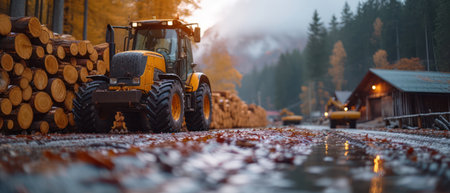 Industrial forestry. Heavy machinery loading timber in a logging yardの素材