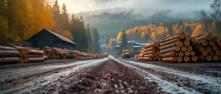 Industrial forestry. Heavy machinery loading timber in a logging yardの素材