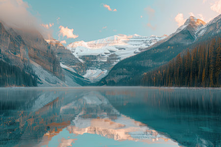 Mirror-like reflections in a mountain lake at dawnの素材