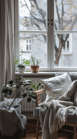 Sunlit cozy corner with houseplants and rustic wooden floorの素材