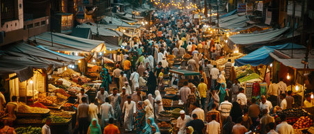 Busy market street with diverse vendors and colorful produceの素材