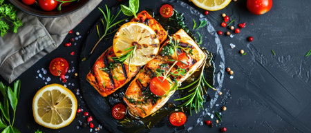 Fresh salmon fillet garnished with herbs and colorful cherry tomatoesの素材
