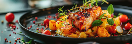 Gourmet grilled chicken dish artistically presented with fresh vegetablesの素材