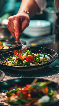 Chef plating a colorful and textured vegetable dish in a professional kitchenの素材