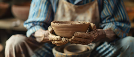 Artisan creating pottery on loom with intricate designの素材