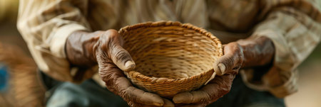 Close-up of aged hands holding a delicately woven basketの素材
