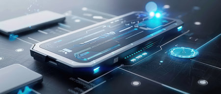 Futuristic smartphone with holographic display and user interfaceの素材