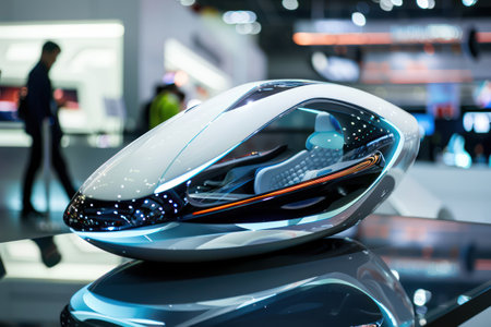 Conceptual sleek future car design in a modern environmentの素材