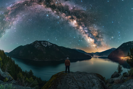 Starry night sky over mountain lake with lone observerの素材