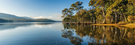 Serene lake in a tranquil forest settingの素材