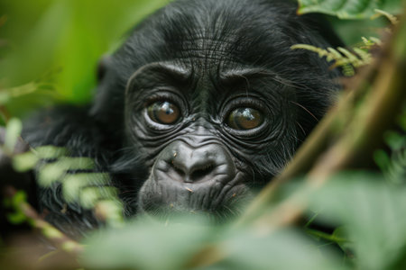 Close-up of a passive baby gorilla in green foliageの素材
