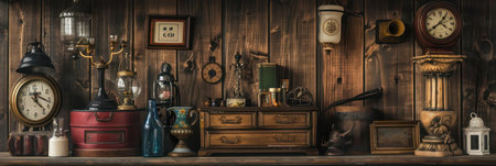 Timeless vintage clocks and lanterns displayed on wooden backdropの素材
