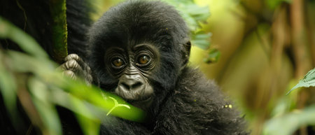 Close-up of a passive baby gorilla in green foliageの素材
