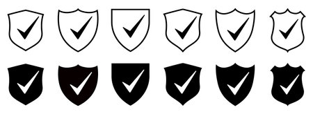 Shield with check mark icon vector set. Security shield protection, approved and trusted product concept. Vector illustrationのイラスト素材