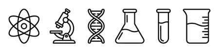 Set of black line science icons including an atom, microscope, DNA, flask, test tube, and beaker in a minimalist outline styleのイラスト素材