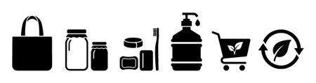 Set of black eco-friendly lifestyle icons representing zero waste living with a reusable bag, glass jars, solid soap, toothbrush, and refillable bottleのイラスト素材