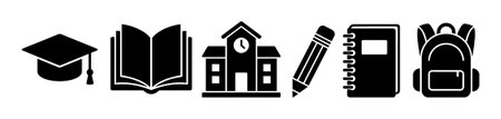 Set of black education and school icons featuring a graduation cap, open book, building, pencil, notebook, and backpack, presented in a simple glyph styleのイラスト素材