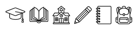 Set of black line education icons including a graduation cap, book, school, pencil, notebook, and backpack, presented as a simple vector illustrationのイラスト素材