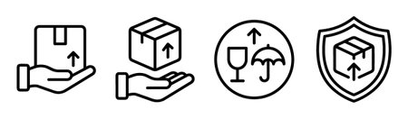 Black line art icons for shipping and handling showing a hand with a box, fragile symbols, and a shield for protectionのイラスト素材