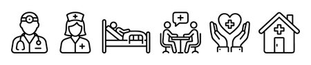 Set of six medical line icons representing a doctor, nurse, patient in bed, consultation, healthcare, and clinicのイラスト素材