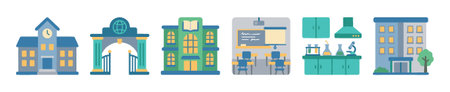 Set of school and university building icons including a library, classroom, and science laboratory in a flat vector illustration styleのイラスト素材