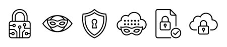 Set of cybersecurity and data protection icons representing encryption, privacy, anonymity, and secure cloud storage in a minimalist black line art styleのイラスト素材