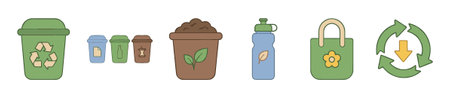 Collection of colorful ecology and recycling icons including a bin, compost pot, reusable bottle, and tote bag for a sustainable lifestyleのイラスト素材