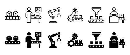 Set of black manufacturing and production icons showing factory processes like conveyor belts, robotic arms, and workers in both line and glyph stylesのイラスト素材