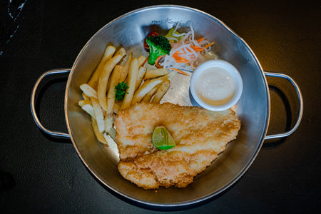 Fried dory with added french fries and some vegetables. There's a additional mayonnaise. The food served on a aluminum panの写真素材
