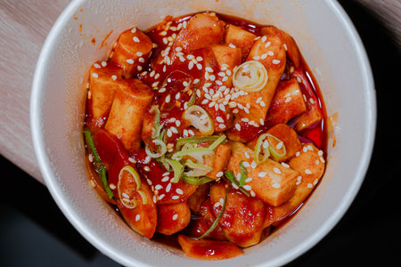 Flat lay or top view of a bowl of Korean typical food which has sticks of rounded rice cake as the...
