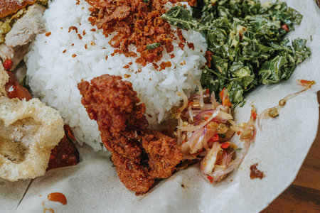 A detail shot of a crispy fried pork skin or Rambak in Indonesia with narrow depth-of-fieldの写真素材