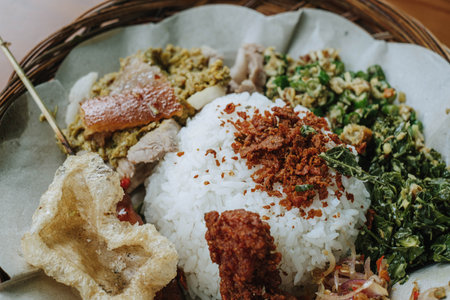 A detail shot of toppings on a portion of Balinese pork roll rice or Nasi Babi Guling in Indonesia with narrow depth-of-fieldの写真素材