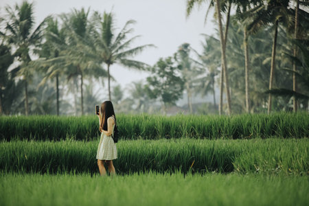 Hi-res photo of an south east asian teenager girl traveling and capture a photo using smartphone in the middle of rice field with blurred backgroundの写真素材