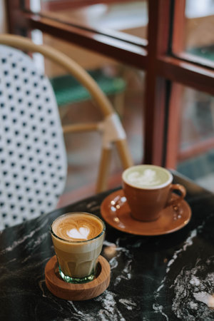 Portrait or vertical shot of two cups of Coffee Latte and Matcha Latte on a black marble table near the window. Focused on the cup of Coffee Latte. Blurred background.の写真素材