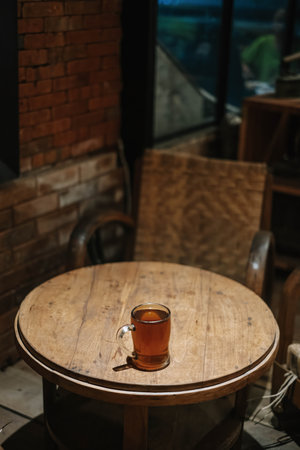 Portrait or vertical shot of a glass of tea on the traditional table and interior with blurred backgroundの写真素材