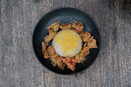 Flat lay or top view shot of a plate of Salted Egg Chicken with Rice on a wooden tableの写真素材