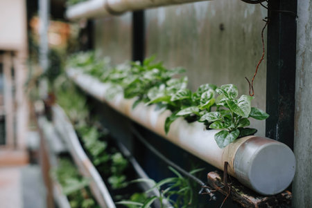 Spinach plants propagated by hydroponics with bokeh or blurred backgroundの写真素材