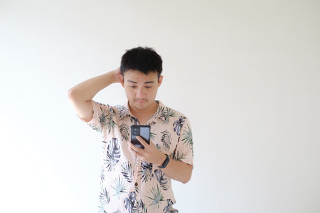 A young Asian man wearing a pink shirt with tropical patterns is confused while holding a smartphone. Hand of his head. Isolated white background.の写真素材