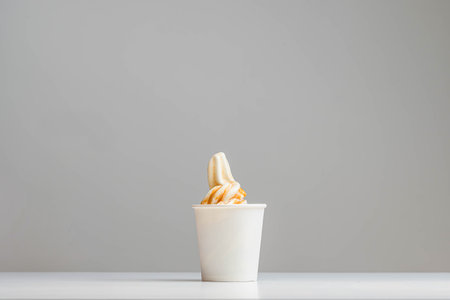 Caramel sundae ice cream placed on paper cup on white table with white background. Modern and fast dessert. Copy space.の写真素材