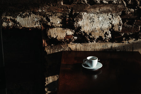 A cup of coffee in a vintage rustic coffee shop. Minimalism. Concept.の写真素材