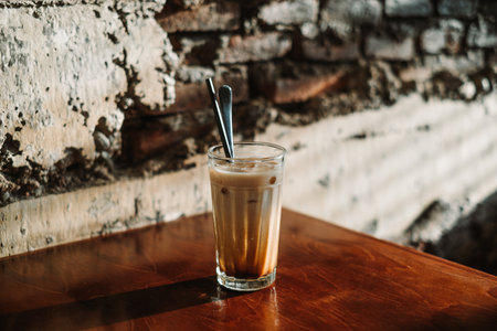 A glass of coffee latte with stainless steel spoon and straw in a vintage rustic coffee shop. Minimalism. Concept.の写真素材