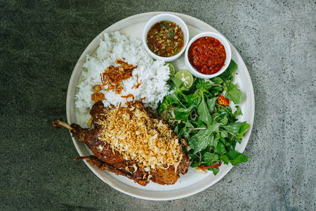 Deep fried duck with rice, green vegetables, and two types of sambals called Sambal Matah and Sambal Tomat in a white plate. Indonesian traditional cuisine. Food photography with flat lay angle. Placed on stone table. Selective focus.の写真素材